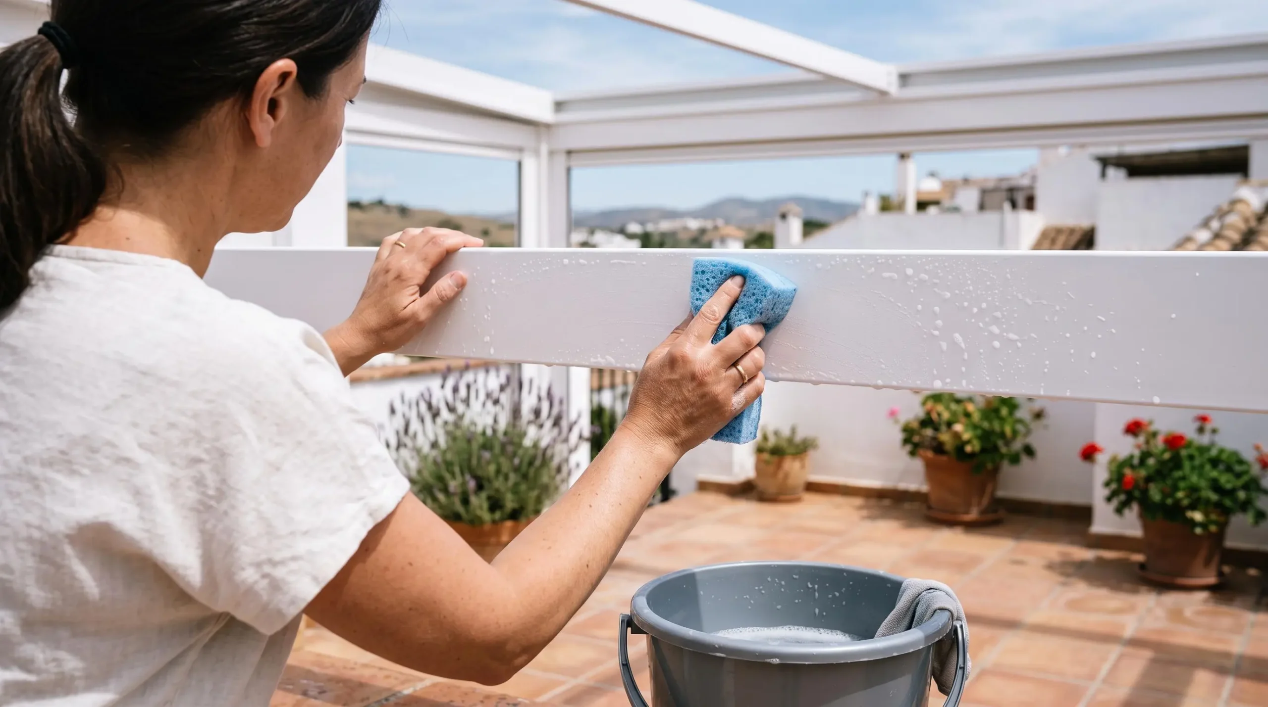 Unas manos limpian con una esponja un travesaño de aluminio blanco de pérgola.