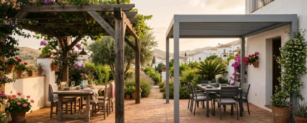Dos pérgolas, una de madera y otra de aluminio, dan sombra a una terraza en España.