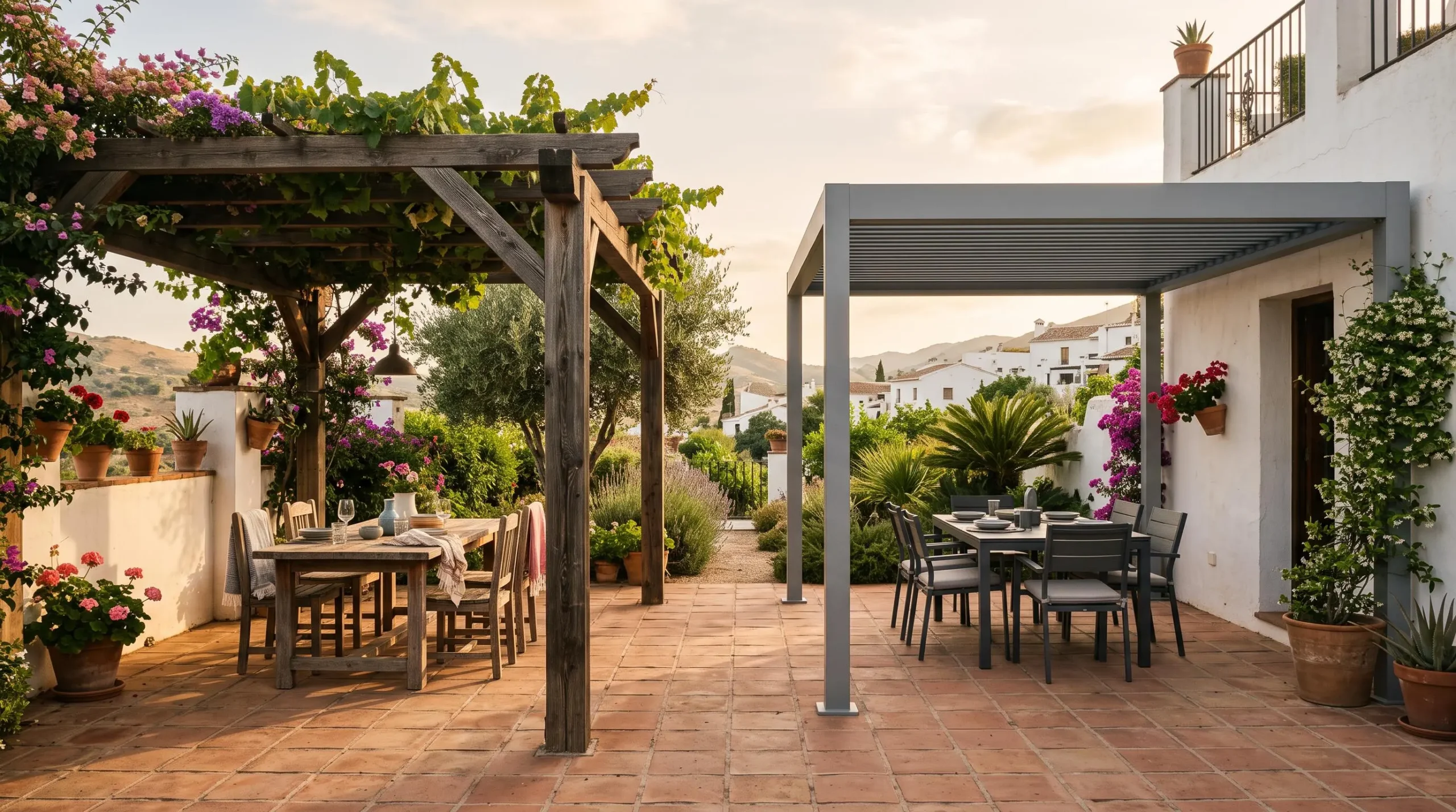 Dos pérgolas, una de madera y otra de aluminio, dan sombra a una terraza en España.