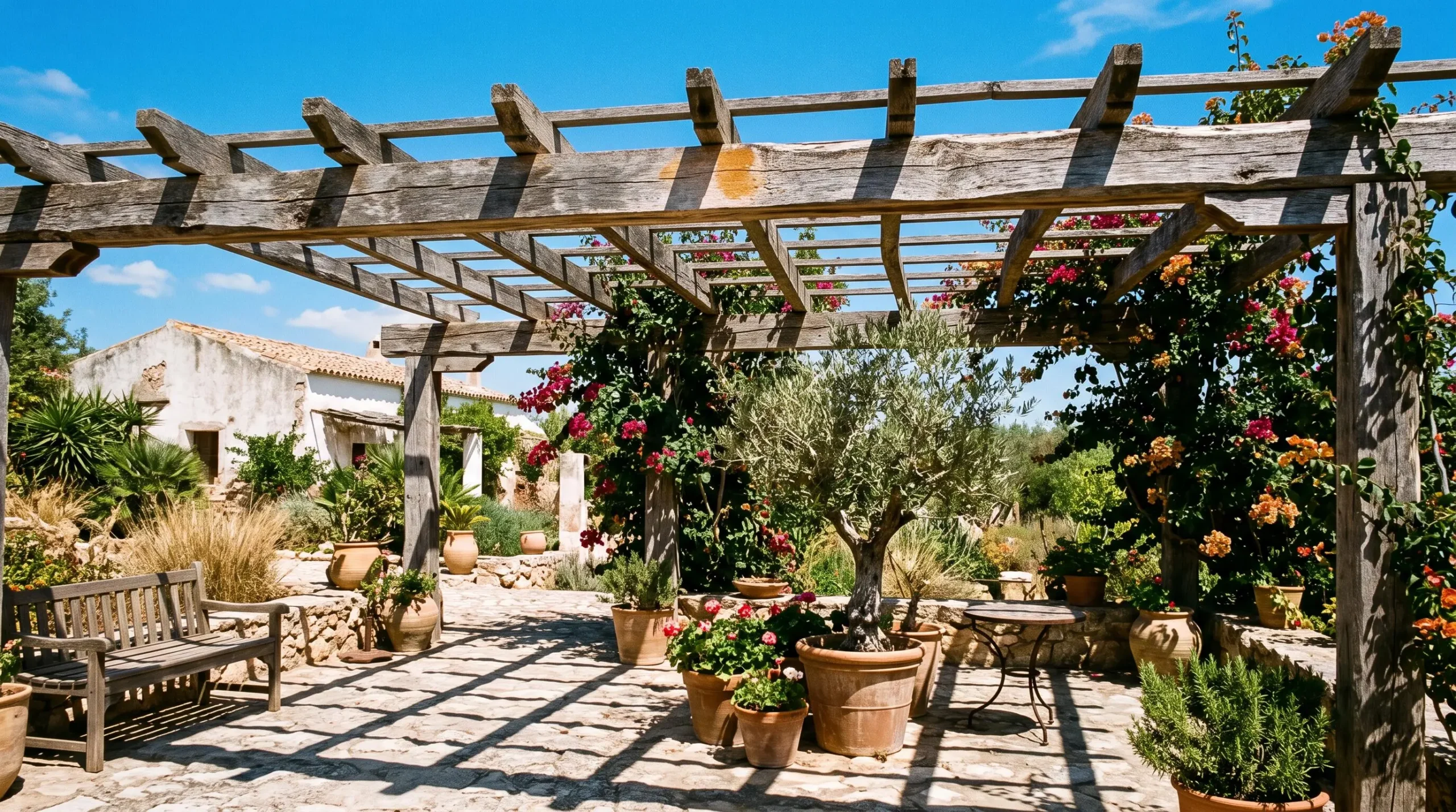 Una pérgola de madera envejecida por el sol proyecta sombra sobre un patio de piedra.