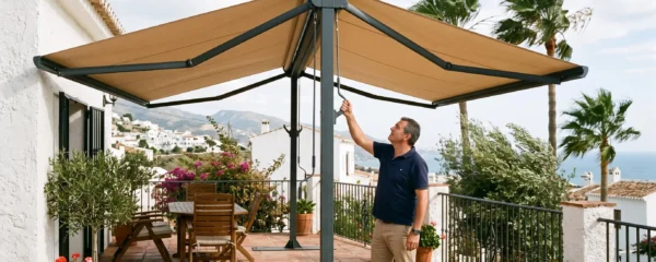 Un toldo a dos aguas extendido sobre una terraza ventosa de una casa española.