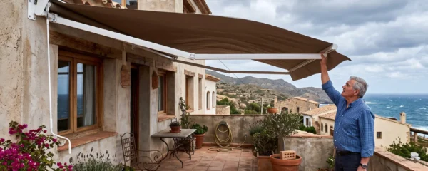 Un toldo de cinco metros bien tensado sobre una terraza en un día ventoso.
