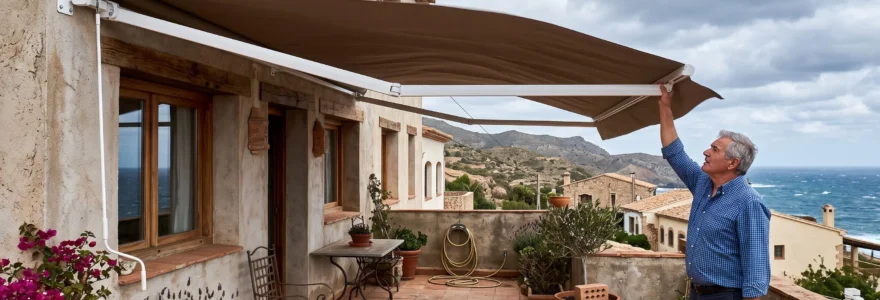 Un toldo de cinco metros bien tensado sobre una terraza en un día ventoso.